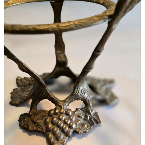Brass Orb Holder Vtg Speheres Candle Bowl Three Prong Grapes & Leaves 6"x6"x4.5" - Picture 3 of 14